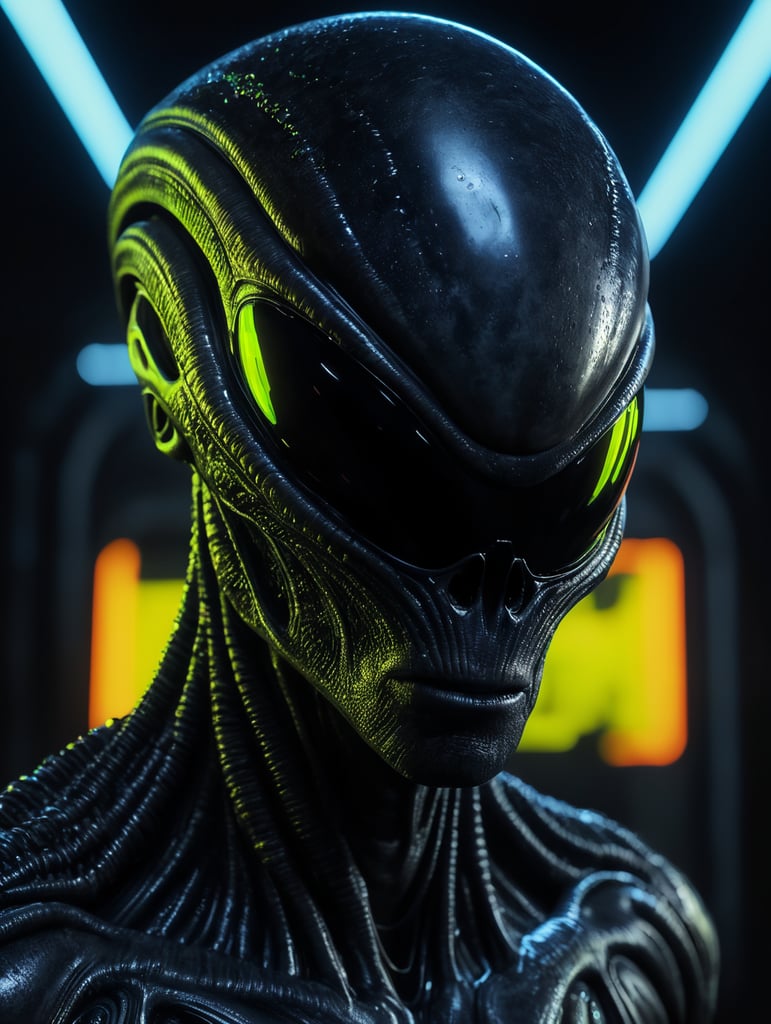 Alien made of black alien liquid, translucent with neon lights, liquid dripping, dark atmosphere
