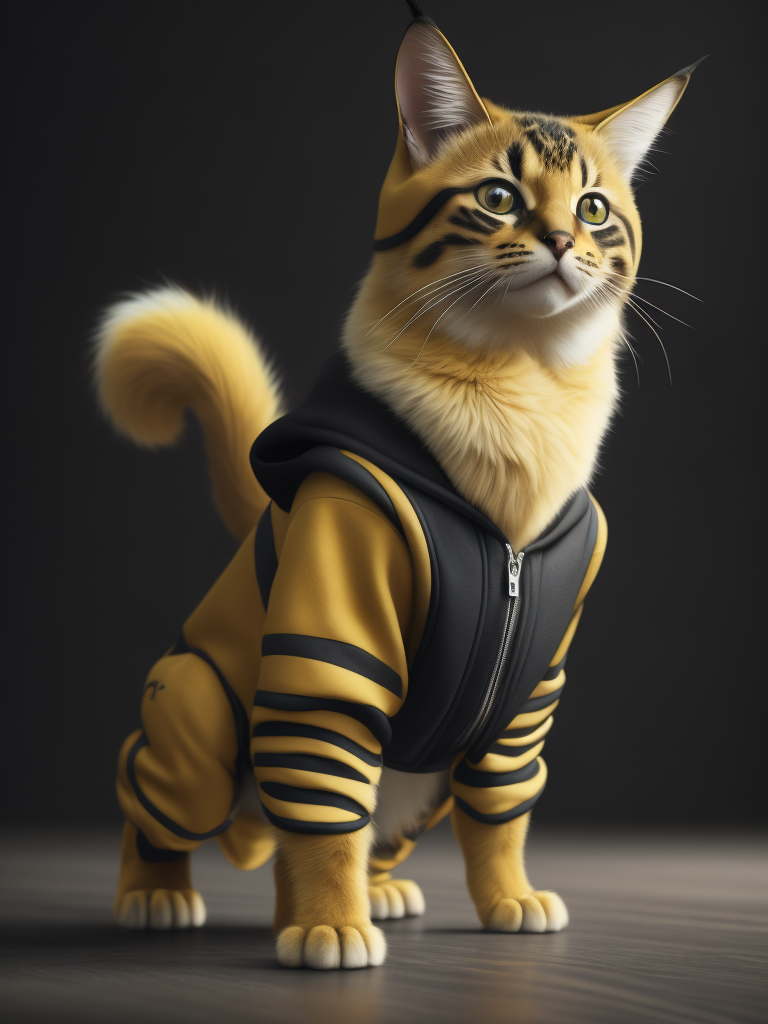 Photorealistic image of a Cat that looks like pikachu in a jumpsuit