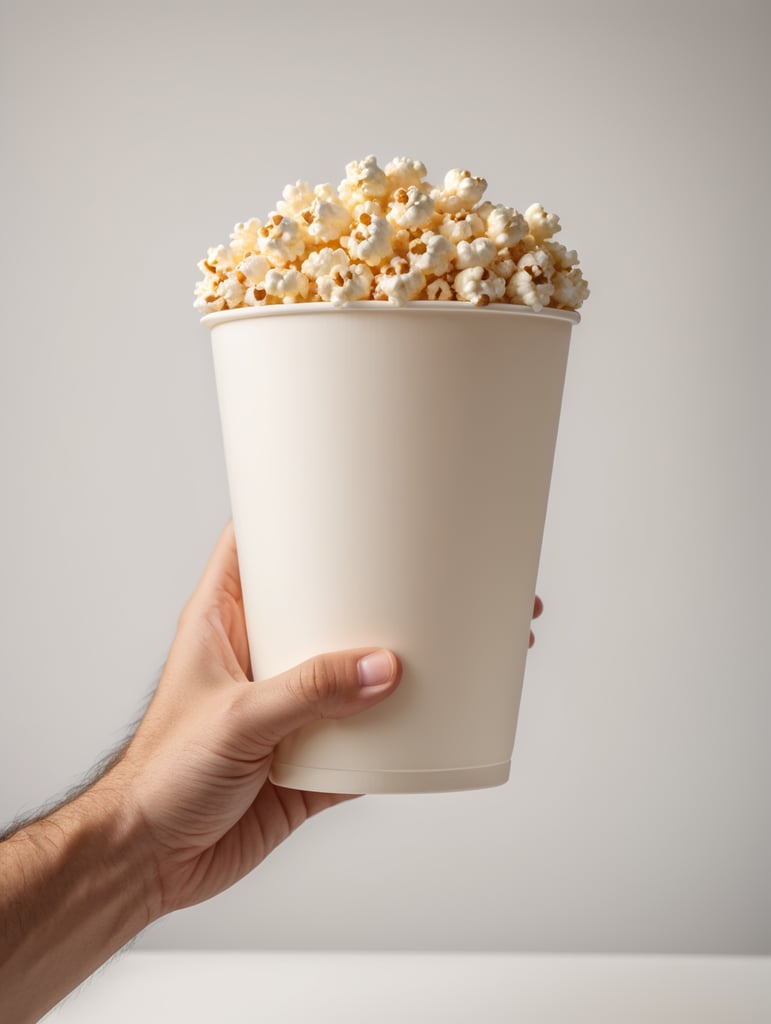 A cartoon hand is holding a popcorn cup, cartoon, 3d render, soft light, white background, mockup, mock up