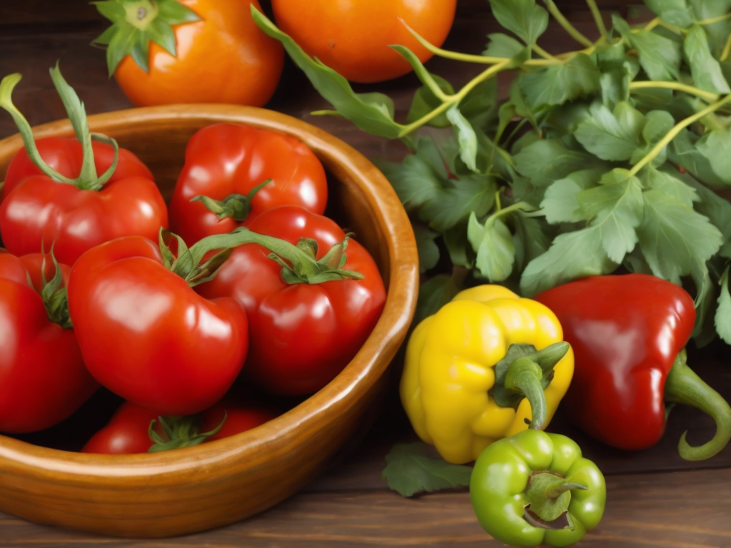 a bowl of tomatoes, peppers, and oranges on a table with greens and oranges in the background, a stock photo, incoherents, Arcimboldo, professional food photography