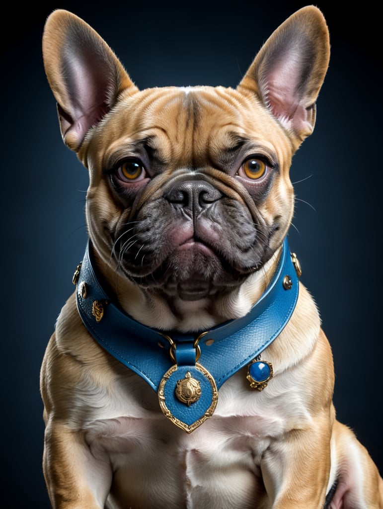 a french bulldog with blue tan color skin, sits. He is wearing a blue collar with the name Loki on it.