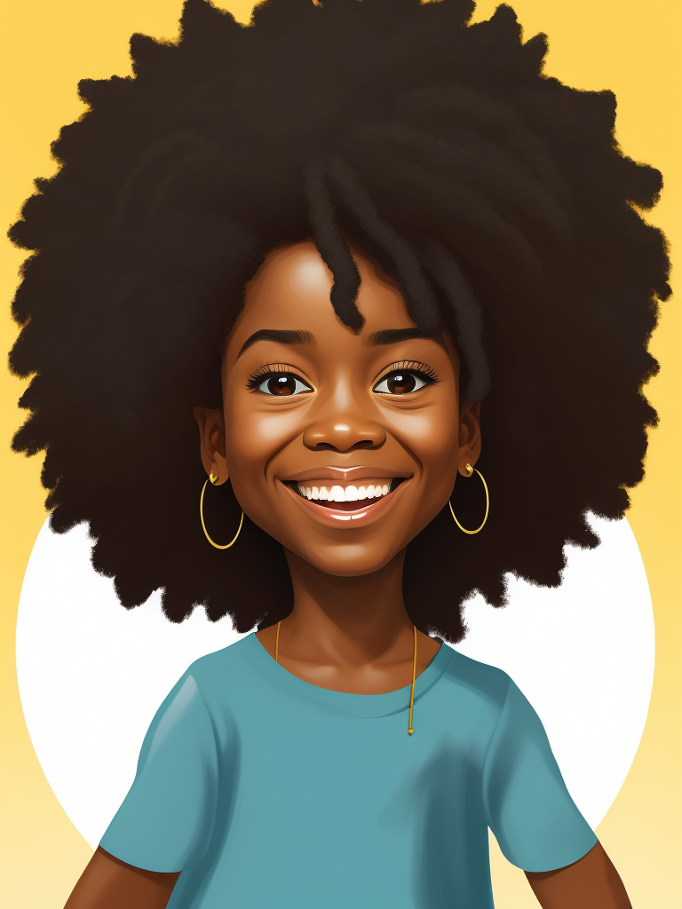 Smiling black woman, afro, award winning children's book illustration style, 2d illustration, white background, front view, vector