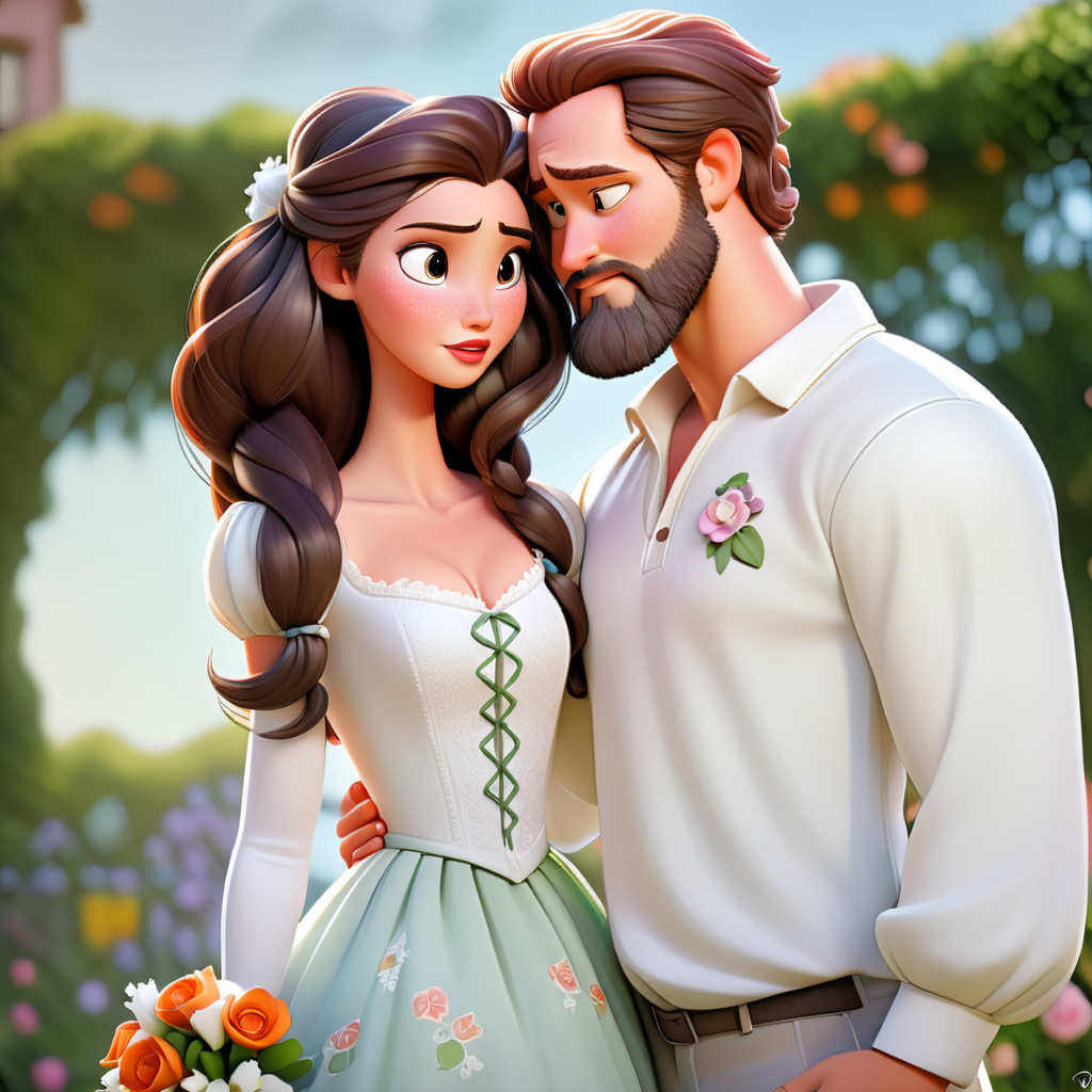 Young beautiful couple: woman with long black hair and a white dress with puffed sleeve, holding a bouquet, touching her forehead to the forehead of a man with auburn hair and beard wearing a white social shirt. romantic gaze. Disney Pixar Style