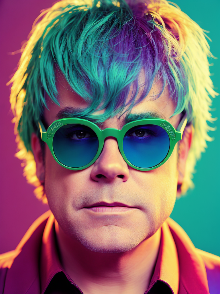 Portrait of Elton John with star-shaped glasses, Against a bright gradient, Vivid saturated colors, Contrast color