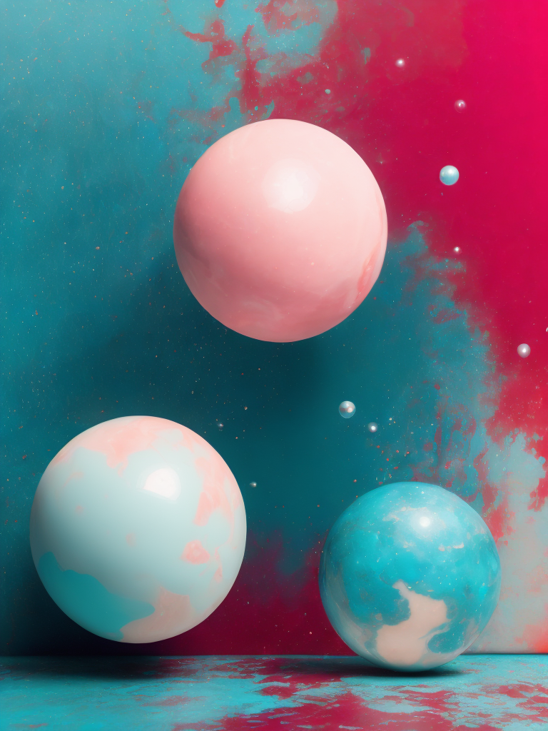 balls of unstirred paint marbling floating loosely in a empty photo studio, Emulsified, bubbles, liquids, oil layered on top, unmixed, studio lighting , mostly pink and light blue, but also some slightly deep white colours, trending on artstation, swirly, slick , powder, deep creases, relief, intricate, hdr, bokeh, photography, high entropy, 2 huge balls