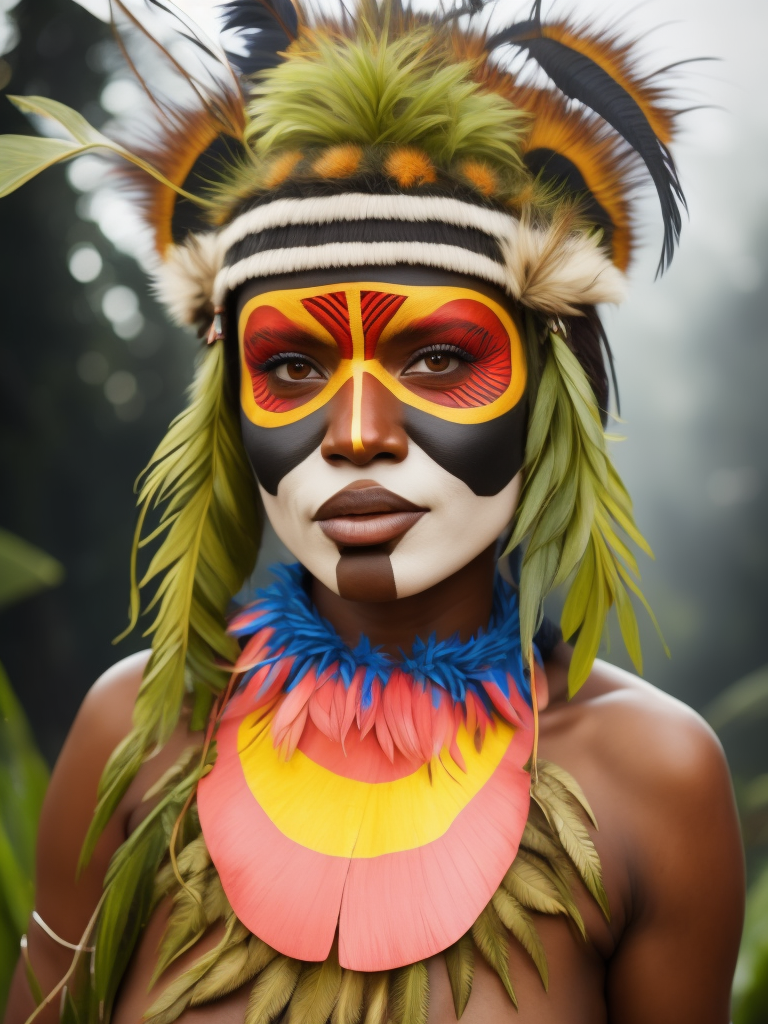 Papua New Guinea woman smiling , feather head dress, Jungle background. vibrant colours, vivid lighting, depth of field, incredibly detailed, face paint