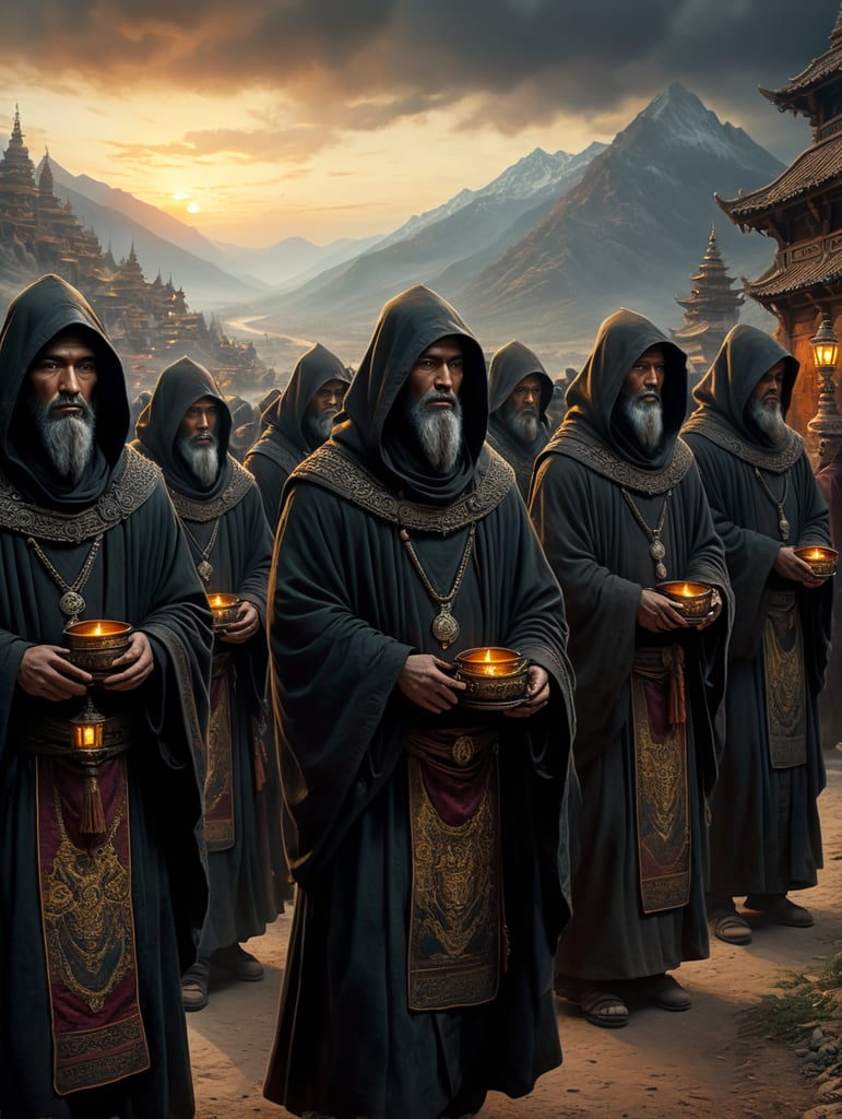 A procession of western monks wearing dark hooded robes, their faces hidden in darkness, at dusk, in route to an unknown destination, coming from afar, left to right