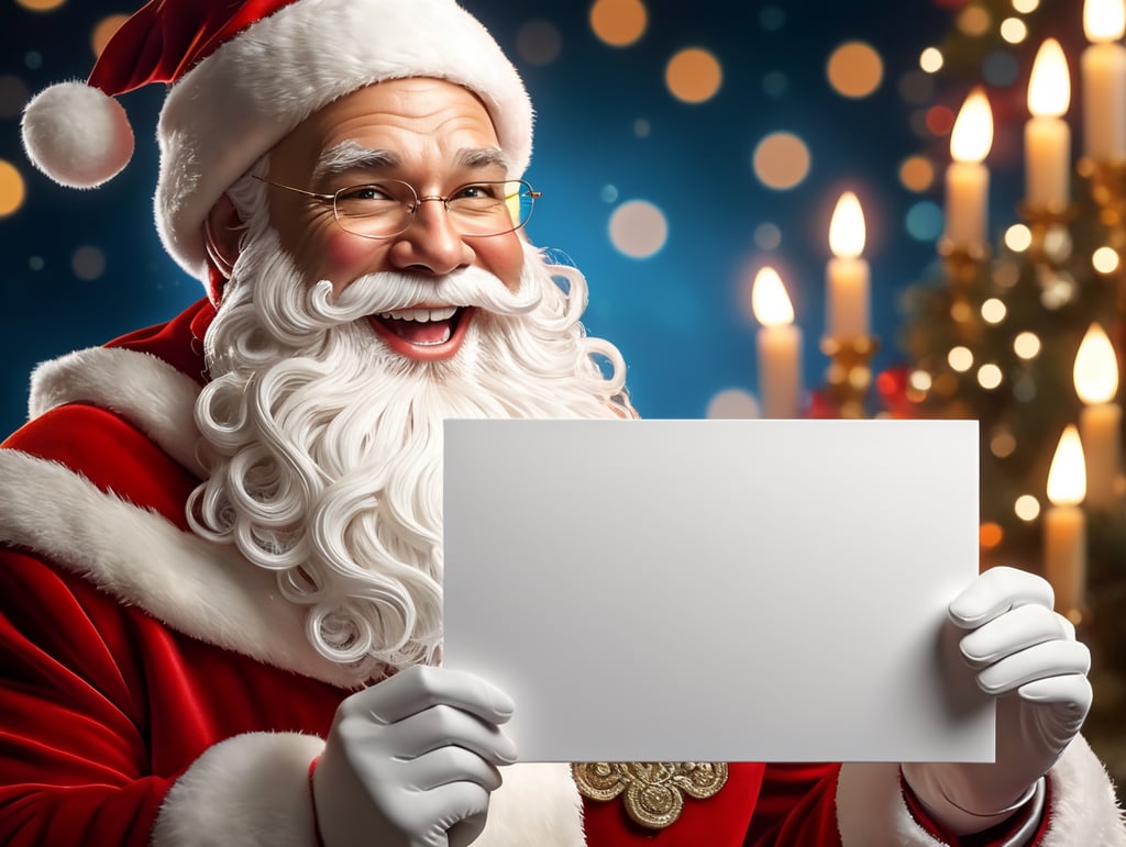 Portrait of Santa Claus smiling, White Background, holding a white business card, whimsical facial expression, flowing white beard, jolly caricature, saturated colors, red outfit, sharp focus, portrait photography, depth of field, dramatic candlelit lighting, incredibly high detailed, blue background, blurred background,