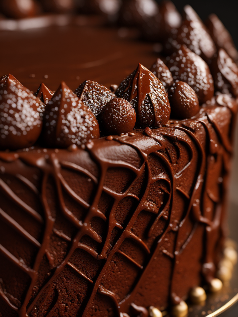 macro photography of a chocolate cake the camera zoom in for close up shot, showing the intricate details and textures of the chocolate cake, the use of shallow depth of field and softy focus creates using the Canon RF 24mm f 1.8 Macro IS STM Lens, macro photography