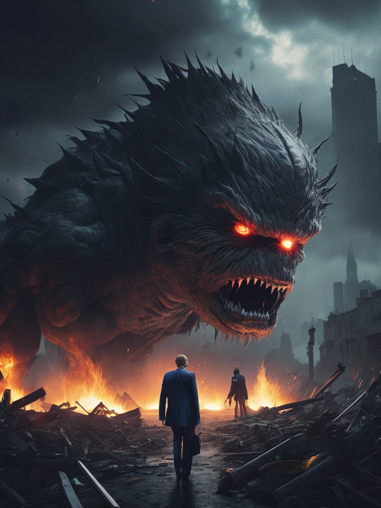 Donald trump depicted as a giant monster destroying a city