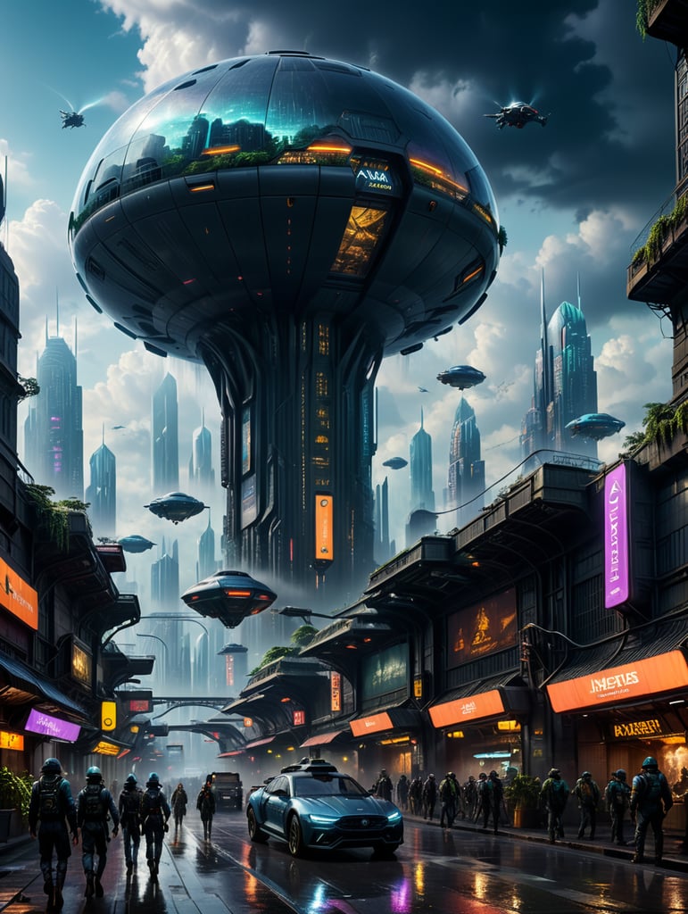 Generate a vivid and immersive exterior environment for the game 'Volvrant.' Picture a futuristic cityscape with towering skyscrapers that pierce the clouds, adorned with holographic billboards and dynamic lights. The air is filled with a blend of neon glows and subtle hums from hovering vehicles. Below, bustling streets are crowded with diverse characters, each with their unique attire and augmented reality interfaces.As the player navigates through the urban labyrinth, reveal hidden alleyways and markets filled with exotic goods. The architecture seamlessly blends sleek modern design with remnants of an ancient civilization, creating a juxtaposition of the old and the new. The sky above is a canvas of advanced transportation systems, featuring sleek aircraft and mesmerizing floating platforms.Weather effects add an extra layer of sporadic rain showers create shimmering reflections on the gleaming surfaces, while occasional gusts of wind sway the futuristic vegetation and cause holographic displays