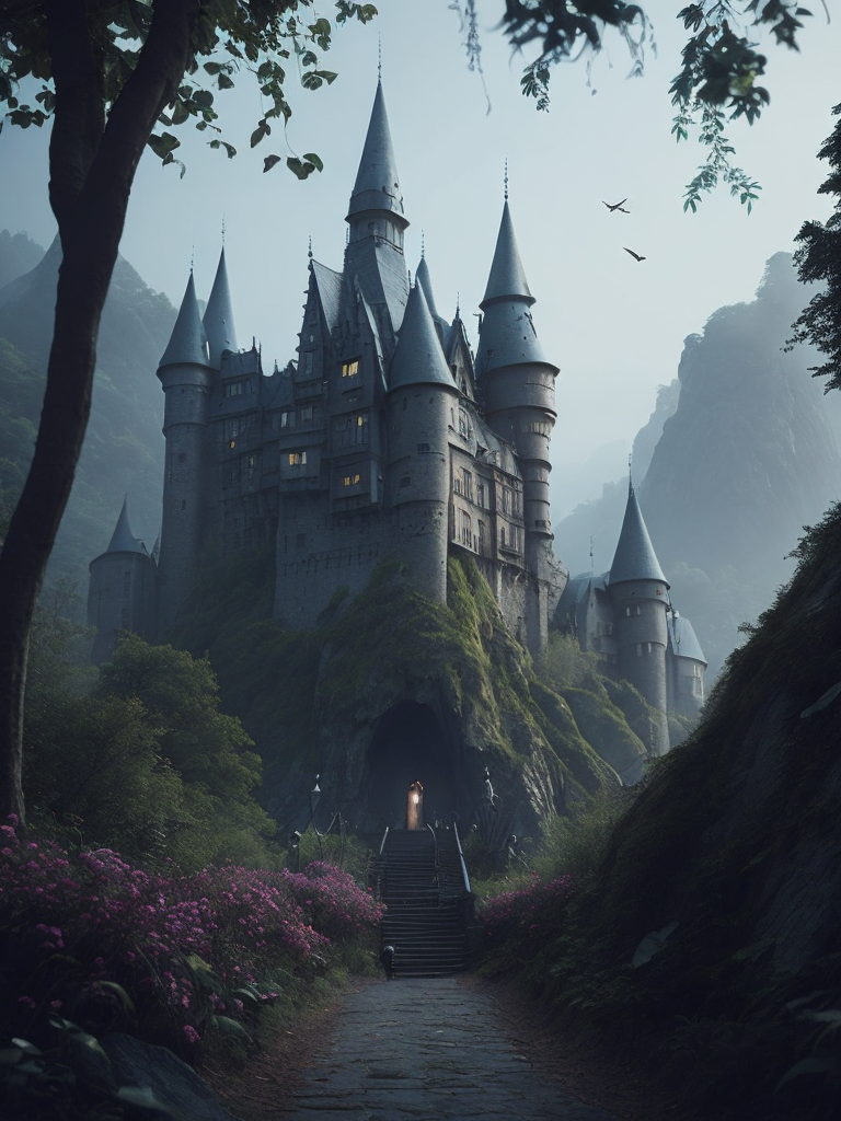 Create a whimsical fairy-tale scene with a castle, fairies, and a mystical forest