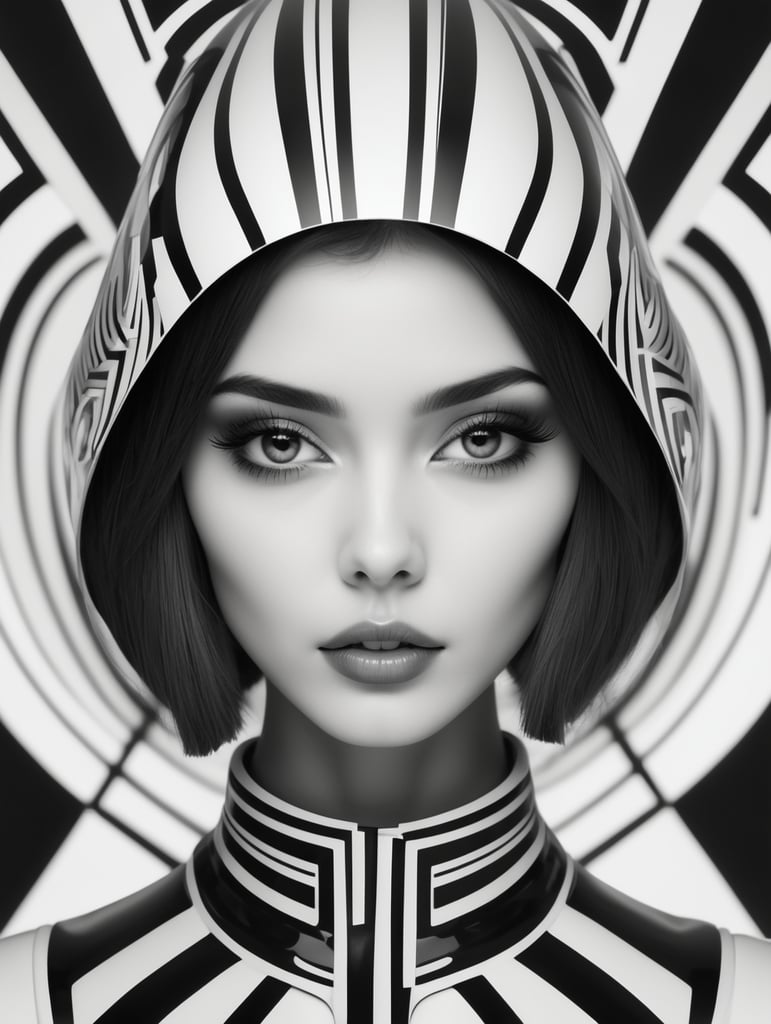 Cute girl model, retro futurist of high fashion, made in symmetrical black and white psychedelic style, black and white beauty, optical illusion, glitch art, flirty, shot on Canon