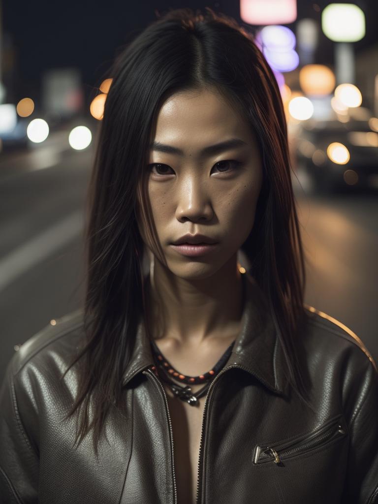 young Asian female street racing enthusiast, freckles, fashion, American muscle cars, in street race meet in LA, in the style of Hiphop art sensibilities, muscle cars, tattoos, drugcore, delicacy of touch, caffenol developing, letterboxing, coloured lights, Sacha Goldberger, psychedelic realism, ultra detailed, gloomy metropolises, mallgoth