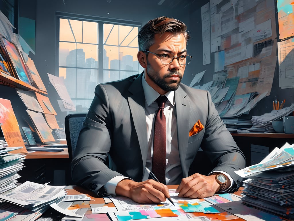 an accountant in a large office looking tired, sitting at his desk with a pile of papers, a computer, wearing a grey suit