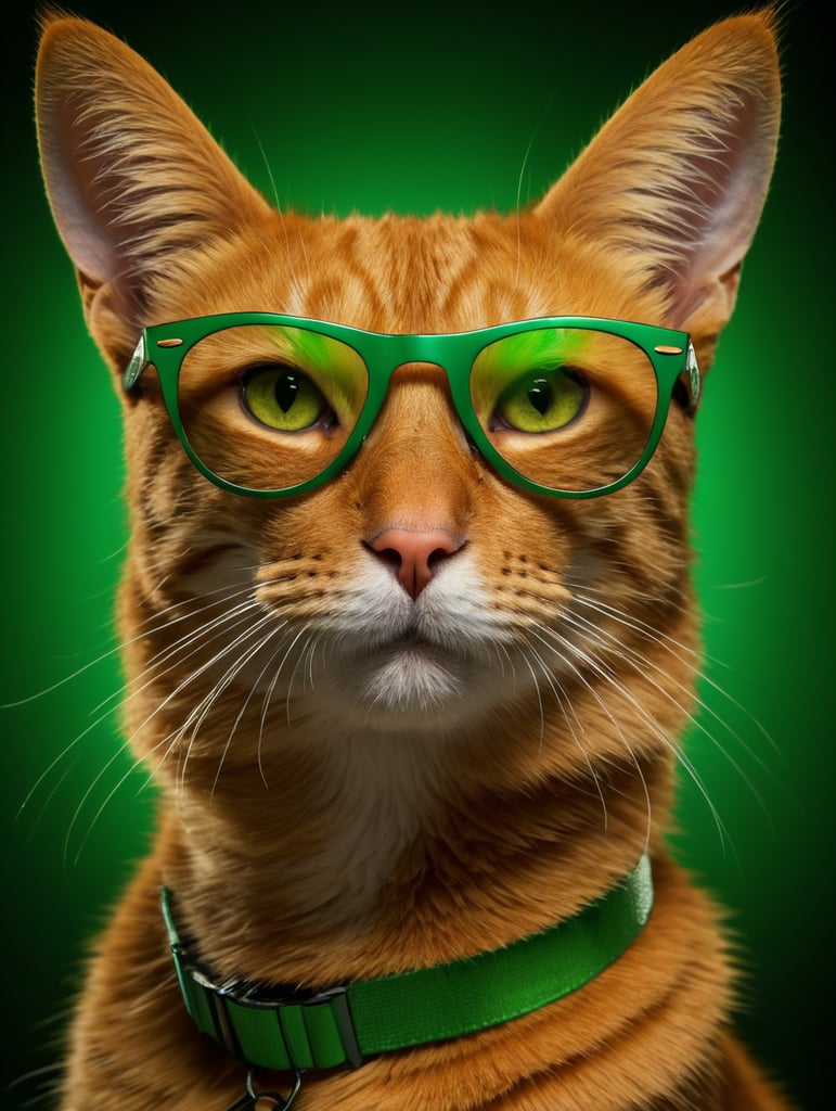 portrait of a orange cat, wearing green sunglasses, green background, bright colors