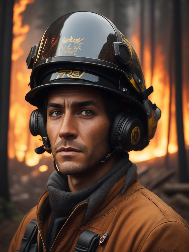 epic portrait of a Firefighter, close-up, forest fire, British Columbia Wildfire, Canada