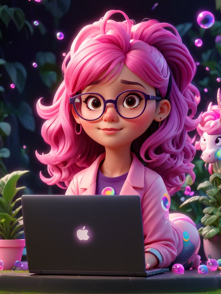 A young cool girl with glasses pink scene a laptop with a no brand. make the hair pink and violet, more neon style and more plants in the background. Bubbles, unicorns, rainbows, headset, michrophone