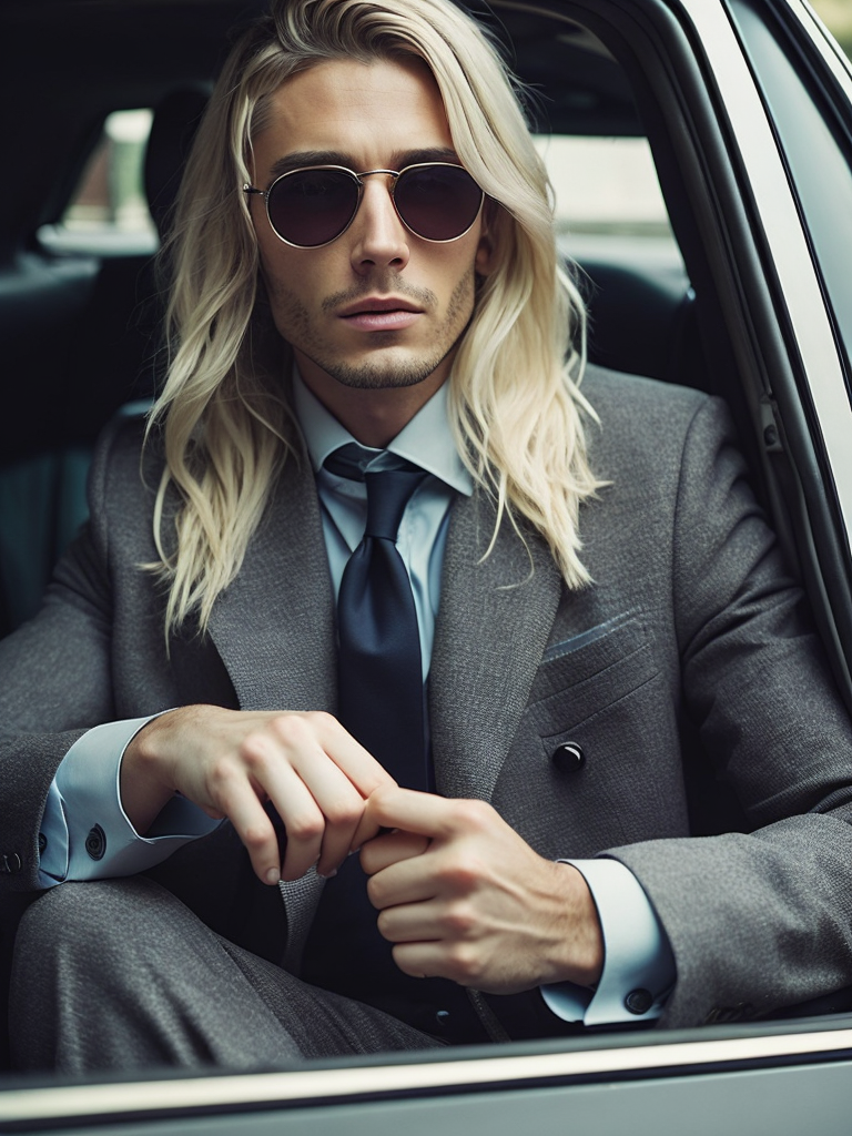 man with silver long hair and gray eyes in a gray business suit is driving an expensive car is in a traffic jam, style of Miles Aldridge