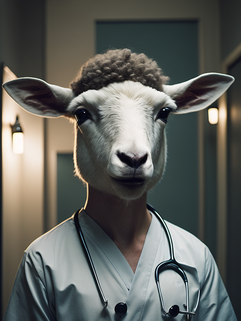 A sheep look like a human stylized as a nurse in the hospital. Full length.