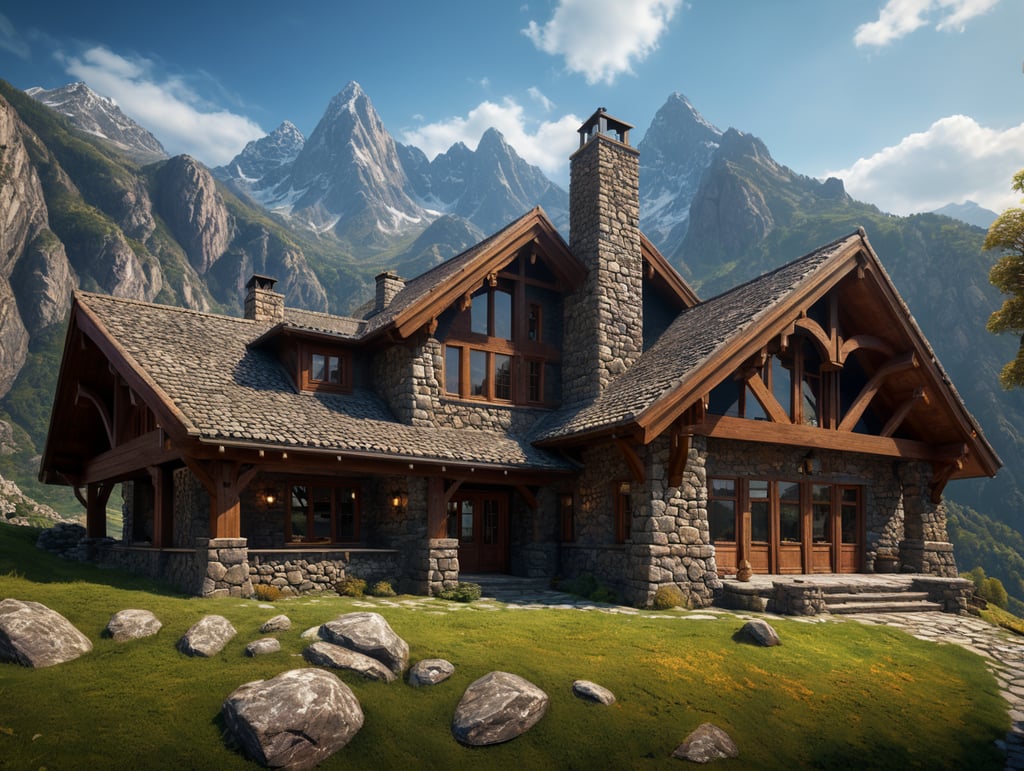 mountain house built of stone, with large windows, mountains in the background