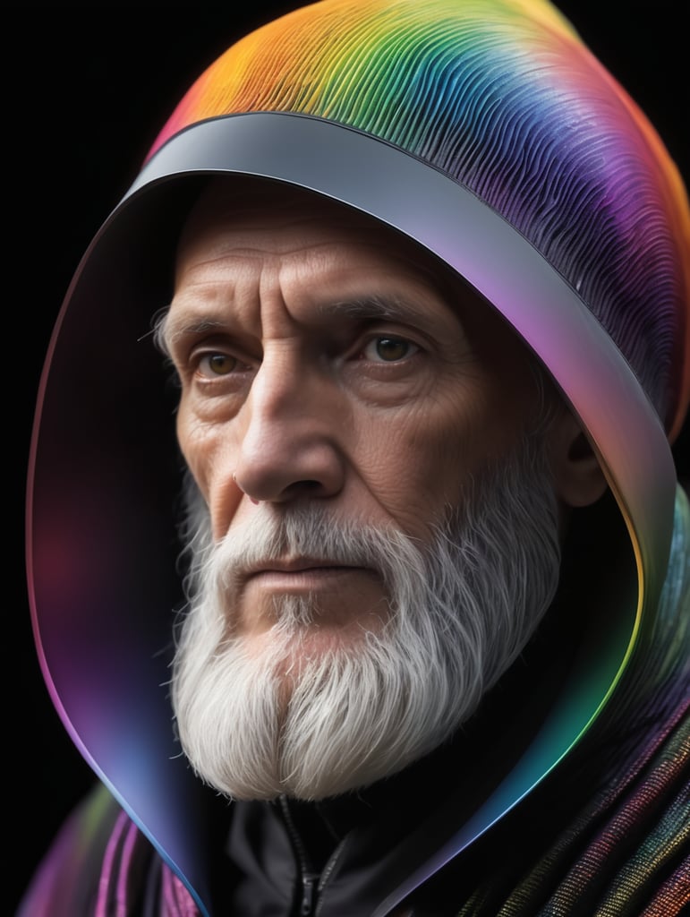 futuristic image of a hermit in rainbow colours on black background