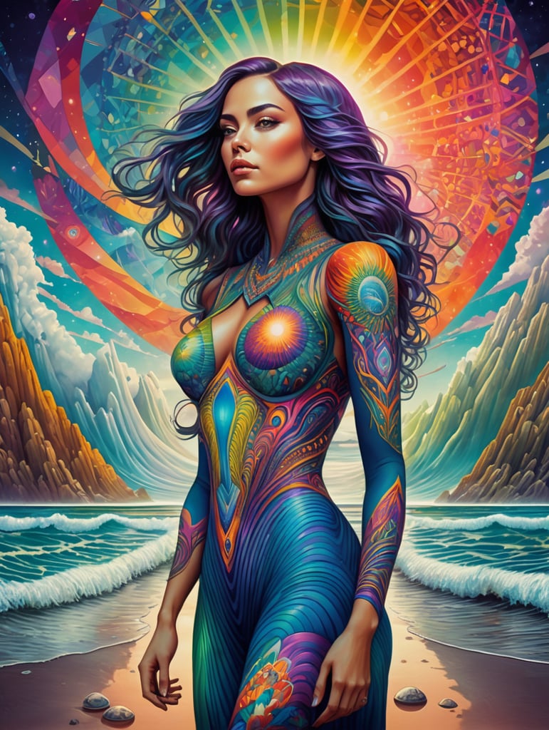 psychedelic dreamscape, a surreal and trippy artwork of a woman standing on a shore, surrounded by geometric shapes and vibrant colors. the art style is reminiscent of dan mumford and alex grey's cosmic lsd poster art.