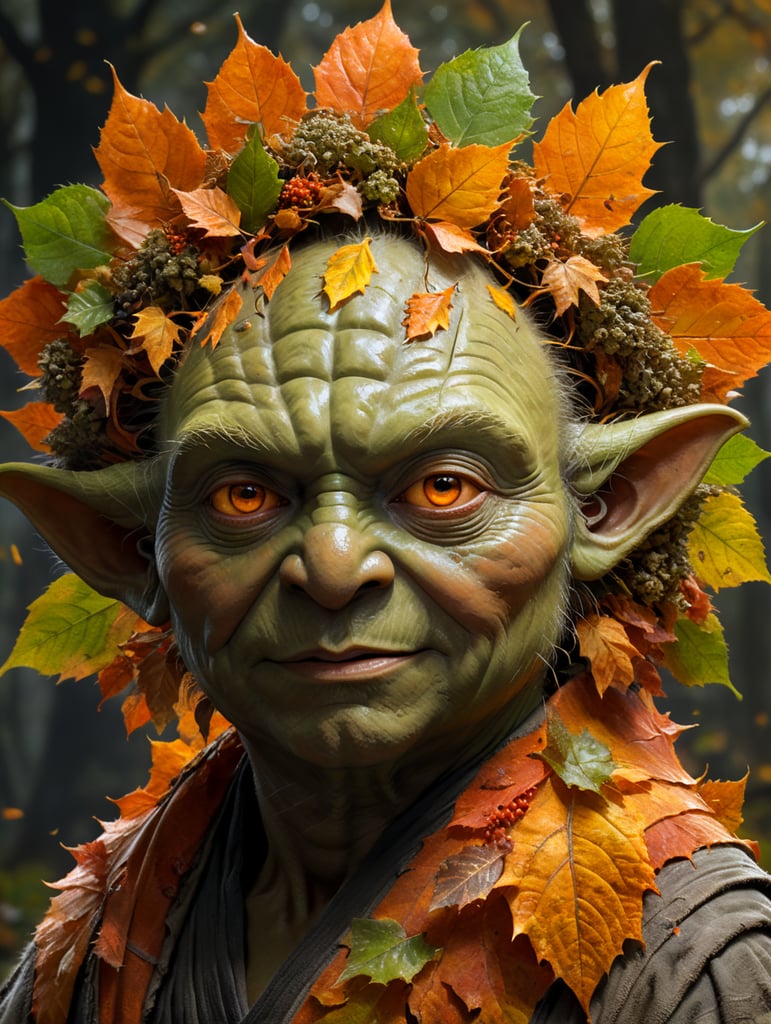 master yoda with autumn leaves in his hair, orange color hairs, looking happy and positive