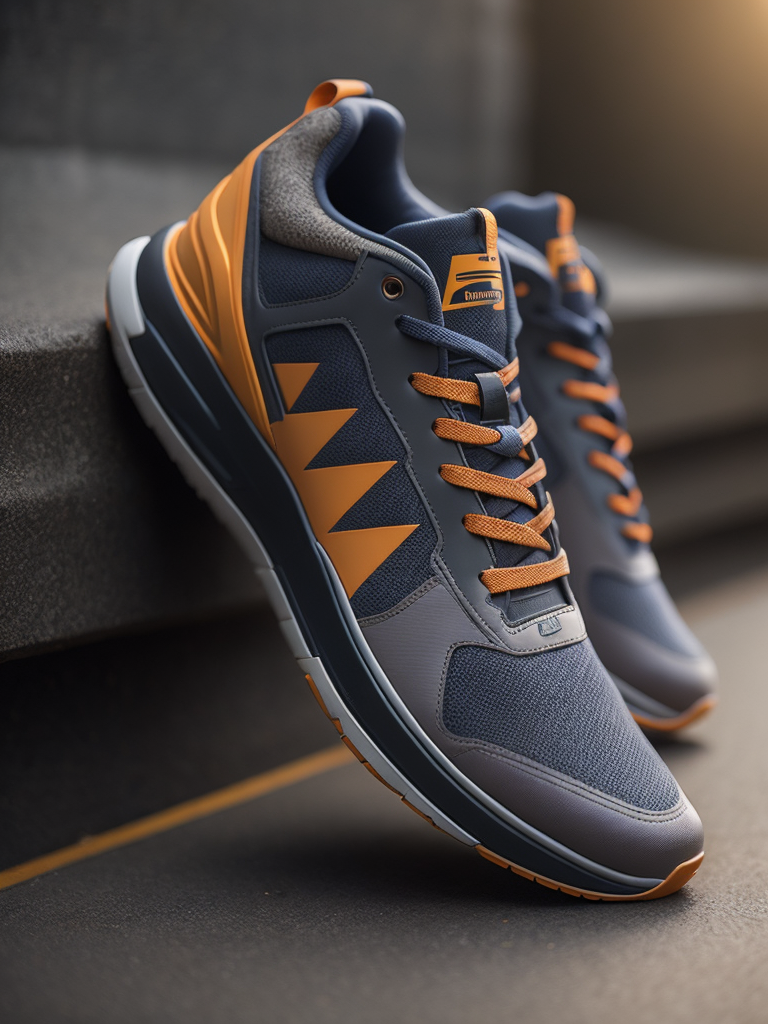 hyper realistic image of hi-tech sports puffy sneakers modern fashion in orange and grey colors, sci-fi, deep atmosphere, saturation, vibrance, sharp on details