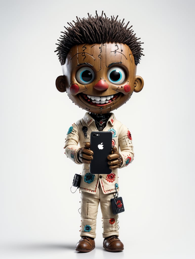 white background voodoo doll basic pins stitched (man) happy sorrindo com celular na mão