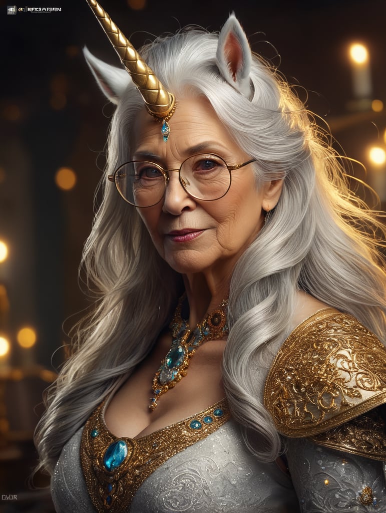 Sparkle, the magical unicorn with a beautiful sparkling horn meets Grandma Nay, a beautiful grandma 50 years old with wire frame glasses and long golden grey hair.