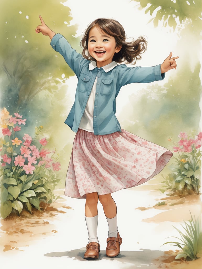 Illustrate the joyous image of a charming young girl seen from behind, happily reaching forward with her hand pointing to the right. The depiction is in an adorable ink sketch style, adorned with cheerful colors. The illustration portrays the full body of a nine-year-old girl with her hands raised on the right side. She is dressed in a skirt and a long-sleeved shirt, enhancing the overall cuteness of the artwork.