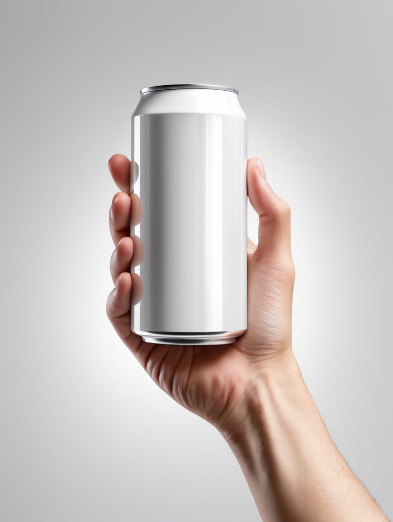 Hand holding a white can, clear, isolated, white background