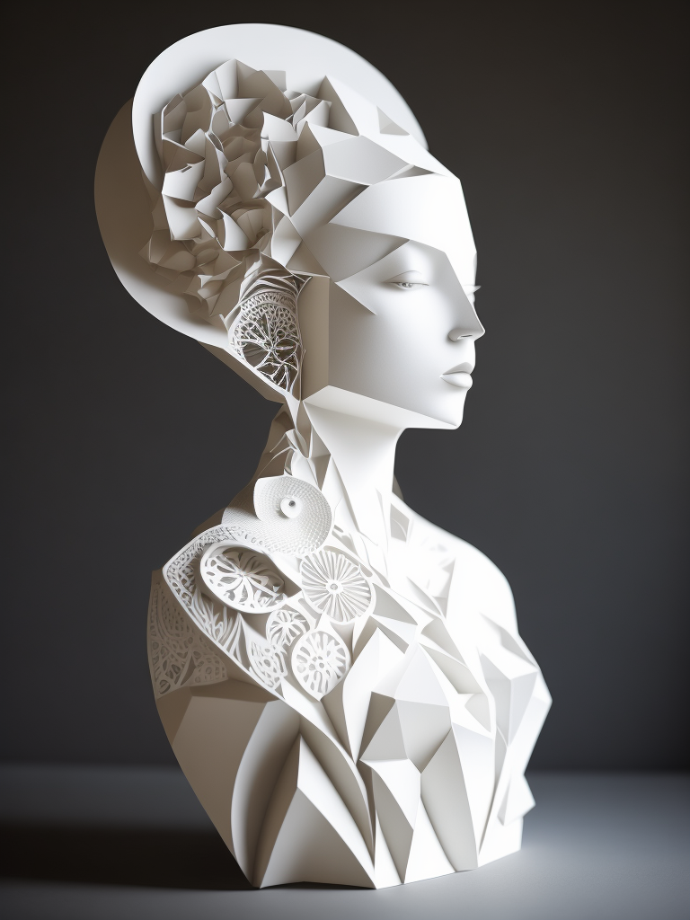 White cut paper sculpture woman, focus on details