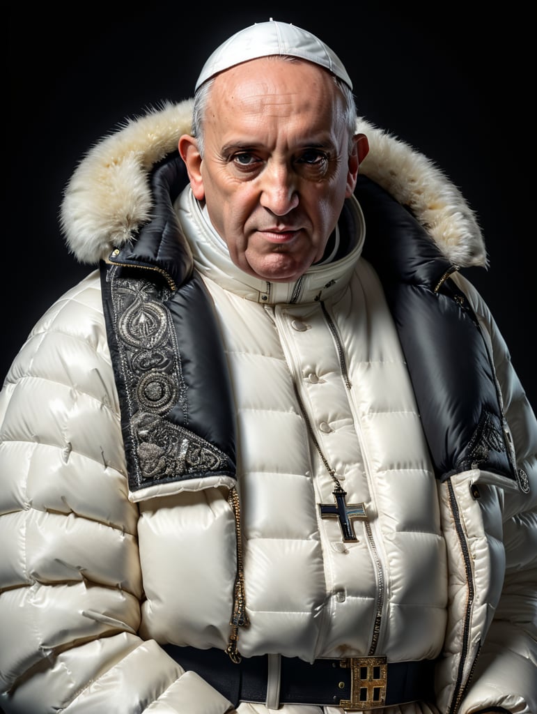 Professional photo glamour of Pope Francis looking stylish in a white puffer jacket