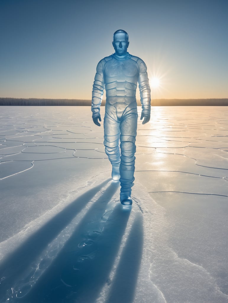 Translucent man made from the ice, walking on the surface of the sun