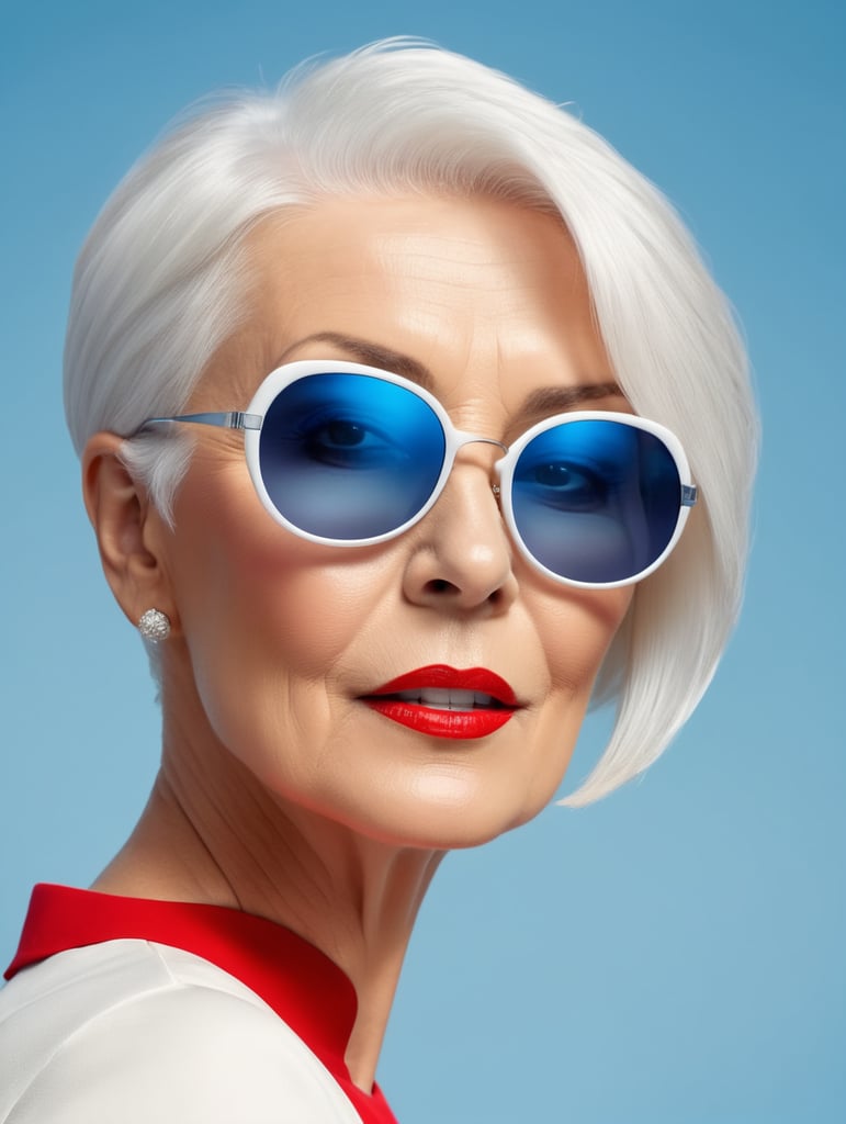 A portrait of a beautiful English older woman with white platinum short hair and big sunglasses, dressed all red, blue background, big cleavage, glamorous London portrait, highly realistic, women designer, very fashionable, colourful