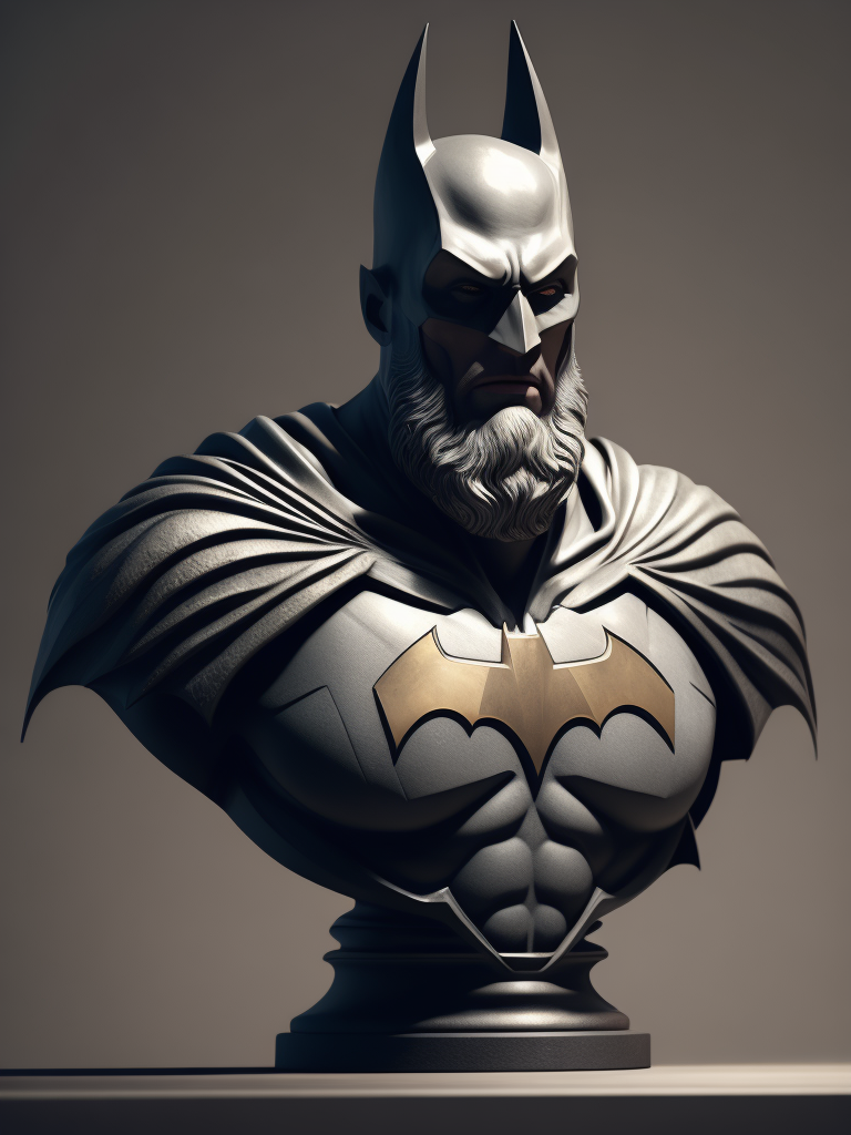 batman bust, with big beard, in marble statue style, dramatic lighting