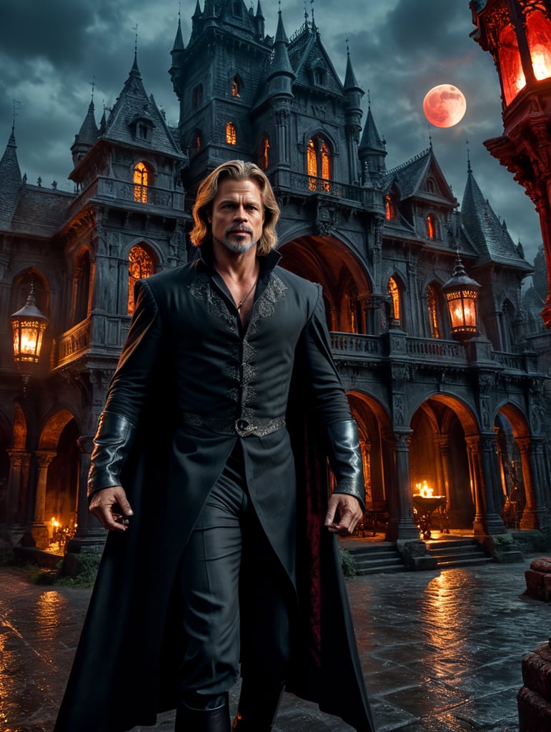 By Anne Rice and Francis Ford Coppola, envision Brad Pitt as a Vampire Lord, reigning over a haunted castle amidst a blood moon on Halloween night, eerie, gothic, Halloween, cinematic photography, action shoot, movement, epic, high definition