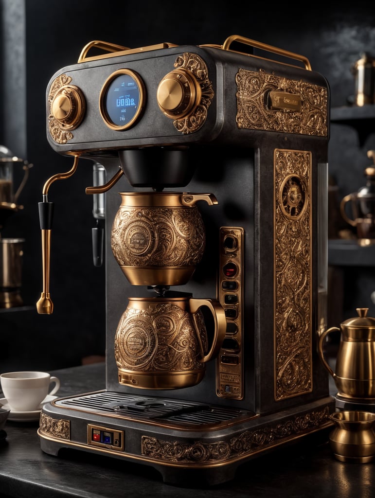 coffee maker made in steampunk style, decorated with gold, carved white plastic, ivory color, deep engraving