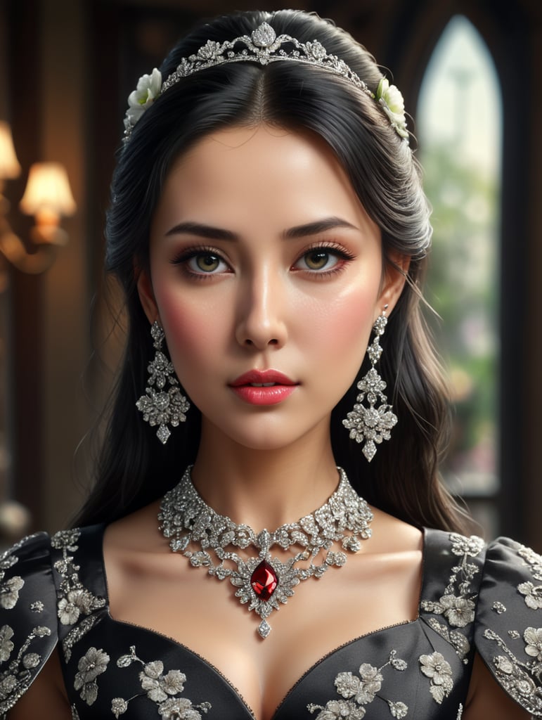 She is beautiful with heart shaped face, doe shaped eyes, small lips, sharp nose, black hair which is in a low pony tail, wears a floral frock, has diamond earrings and diamond necklace