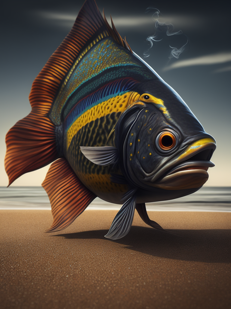 a Rastafarian fish smoking on the beach