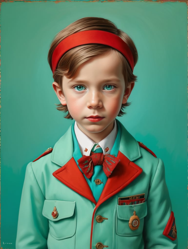 Portrait of child, half lenght, Wes Anderson style, Incredibly high detail, Bright colors, turquoise green and red colors,