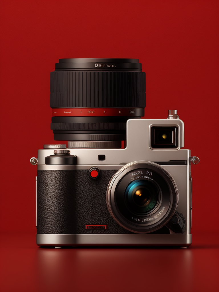 Red background, side view product photography of a camera designed by dieter rams, circular lens, minimal design, hasselblad, nikon, canon, fuji, leica, studio light, ultra realistic, ultra detailed, small labels, super intricate design, intricate detail, Object in the center of the image