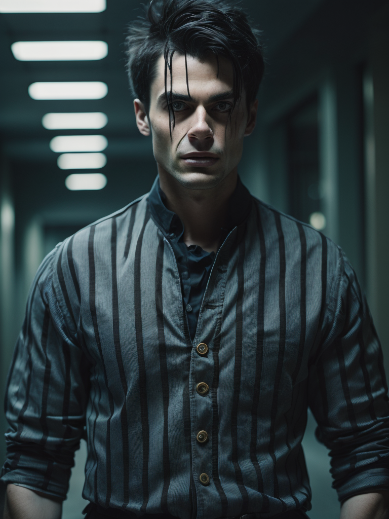 angry clown in a black and white stripes prison jumpsuit uniform