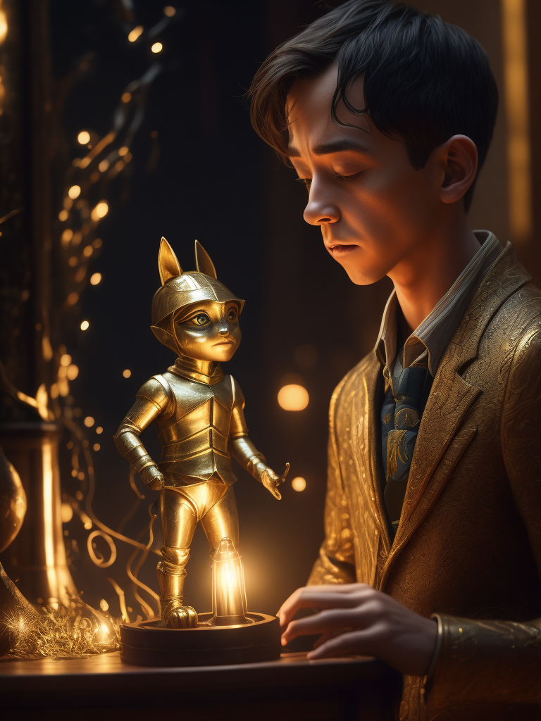 magical realism, Pinocchio reassembled using the ancient art of kintsugi, with gold-filled cracks and seams, intricate wooden carvings, inspired by the innocent gaze of Jacob Tremblay, the repaired figure conveying beauty through imperfection, directed by Hayao Miyazaki, masterful interplay of light and shadow highlighting the golden veins, by Jim Henson, earthy tones harmonizing with the gleaming gold, delicate balance of whimsy and wisdom in the scene, enchanting,