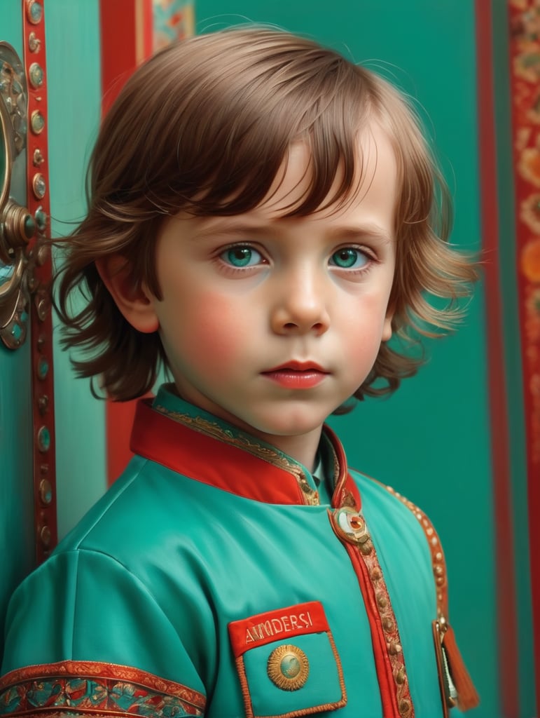 Portrait of child, half lenght, Wes Anderson style, Incredibly high detail, Bright colors, turquoise green and red colors,