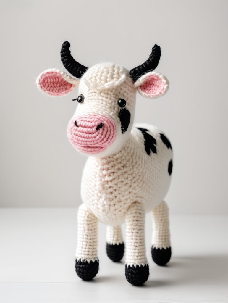 Realistic photo shoot, crochet cow stands, natural wool material, textured crochet, white background, three-dimensional shapes, handmade, arranged on the surface, strict simplicity, high detail, at the eye level of the camera