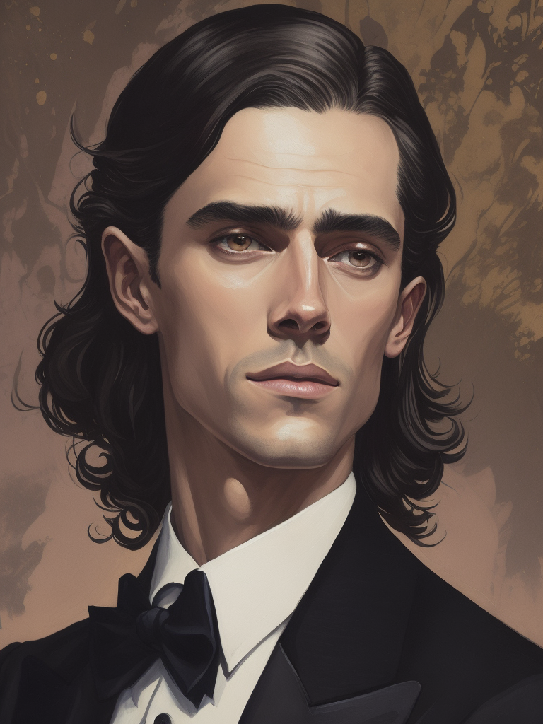 Illustration of a man with long dark hair in a suit with a bow tie, painting, oil, tempera, water color, collage, style of Hannah Höch