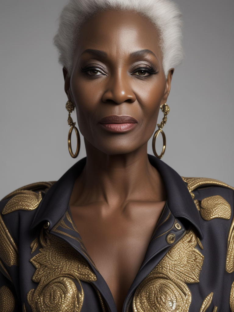 A 50yr old African supermodel with classic Chanel make-up and beautifully styled volume hair, beautiful pores and skin texture, detailed high resolution image, grey hair, Dior makeup, award winning fashion editorial image, soft lighting, gentle expression, she is content with her age